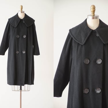 black wool coat | 50s 60s vintage heavy warm wide collar wool swing coat overcoat 
