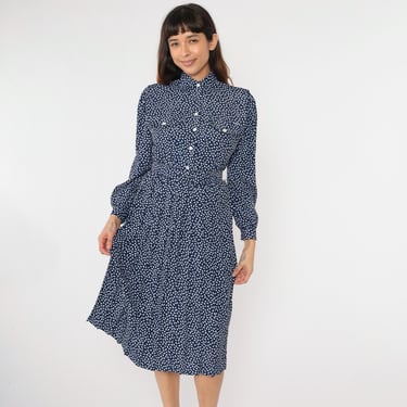 Vintage 80s Shirtdress Confetti Print Dress 1980s Midi Blue White Button Up Shirtwaist Belted Pleated High Waist Long Sleeve Retro 4P Small 