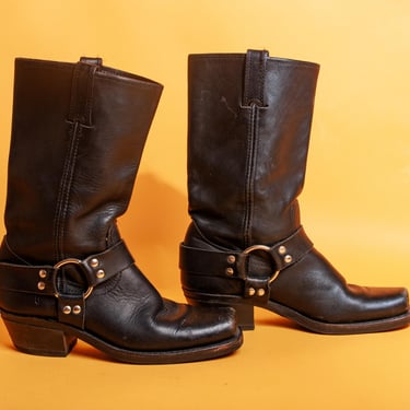 90s Black Leather Frye Motorcycle Metal Harness Boots Vintage Tall Biker Thicker Leather Boots 