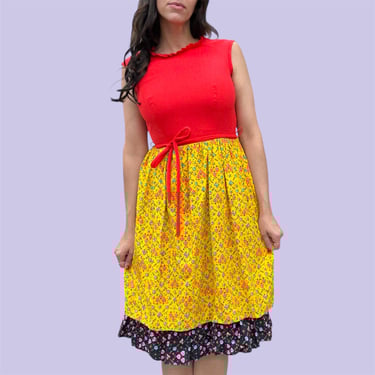 Vintage Dress Retro 1970s Raymodes NY + No Size Tag + Prairie + Cottage Core + Red + Floral Print + Bohemian + Folk + Womens Apparel 