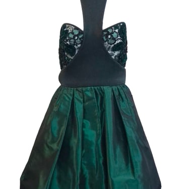 James Galanos 80s Emerald Green Taffeta and Lace Party Dress