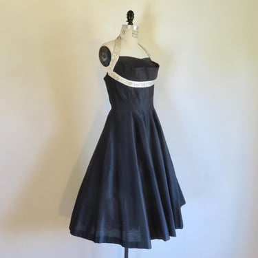 1950's Black and White Halter Evening Dress Fit Flare Style Full Skirt Rhinestone Trim Formal Party Rockabilly Naitlynn 28