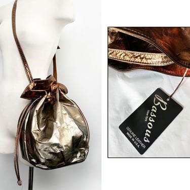NEW/tag BASSOUS Leather Metallic Purse Cross body Bag Vintage Gold Copper Shoulder Bag Drawstring New Old Stock 1980's 1990s Messenger Round 