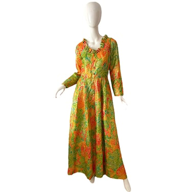 70s Montaldos Brocade Dress /  Metallic Gold Lame Gown / 1970s Party Evening Dress Medium 
