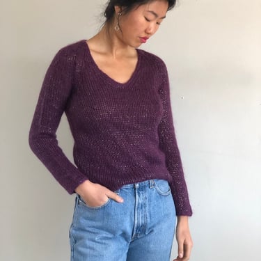 90s kid mohair sweater / vintage Armani Exchange purple plum soft fuzzy mohair sparkle cropped raglan holiday sweater | Medium 