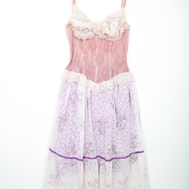 Vintage Artisan Pink Floral Lace Midi Dress Fairy Coquette Summer 