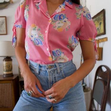 Vintage 70's Polly California Pink Floral Printed Button-up Blouse 