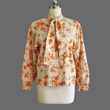 1970s Tie Neck Blouse - 70s Pussy Bow Blouse - 70s Floral Print - Women's Vintage Size Large 