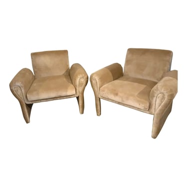 Mid-Century Modern Style Camel Velvet Lounge Chairs Pair