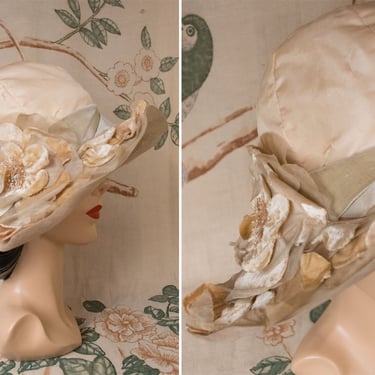 1920s Hat - Gorgeous Early 20s Brimmed Cloche, Wedding Hat in Silk with Sheer Edge, Palest Grey Velvet Ribbon 