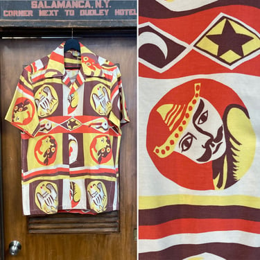 Vintage 1940’s Size L Mexico Bullfight Siesta Cotton Cabana Matador Hawaiian Shirt, 40’s Vintage Clothing 