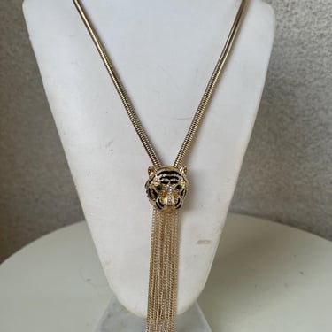 Vintage glam necklace tiger pendant rhinestones cable chain gold tone 19” 