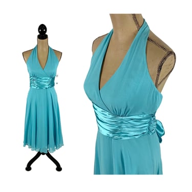 Y2K Aqua Silk Chiffon Halter Dress Small, V Neck Midi Dress Size 6, Sash Waist Tie Back, Wedding Party Cocktail, 2000s Clothes Women Vintage 