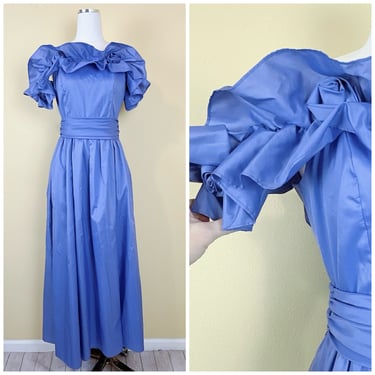 1980s Vintage Periwinkle Rosette Ruffle Prom Dress /. 80s Ruffled Off Shoulder Floral JC Penney Maxi Gown / Size Medium 