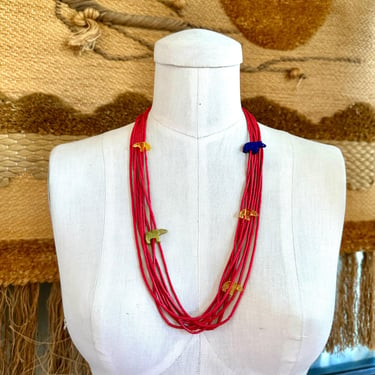 CARE BEAR Red Heishi Beaded Animal Fetish Necklace | 8 Strands Red Coral Color Beads, Lapis | Native American, Zuni, Southwestern, Jewelry 