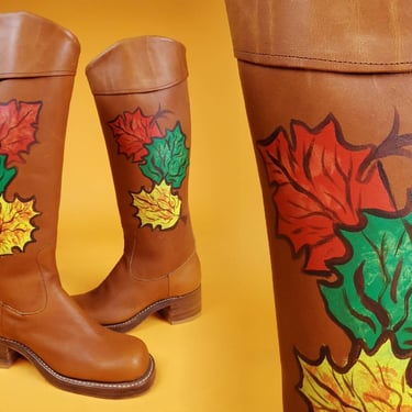 DEADSTOCK 1970s campus boots. Hand-painted by bootmaker. Tall leather stacked block heel. Groovy boho hippie. NOS. One of a kind! (8 N) 