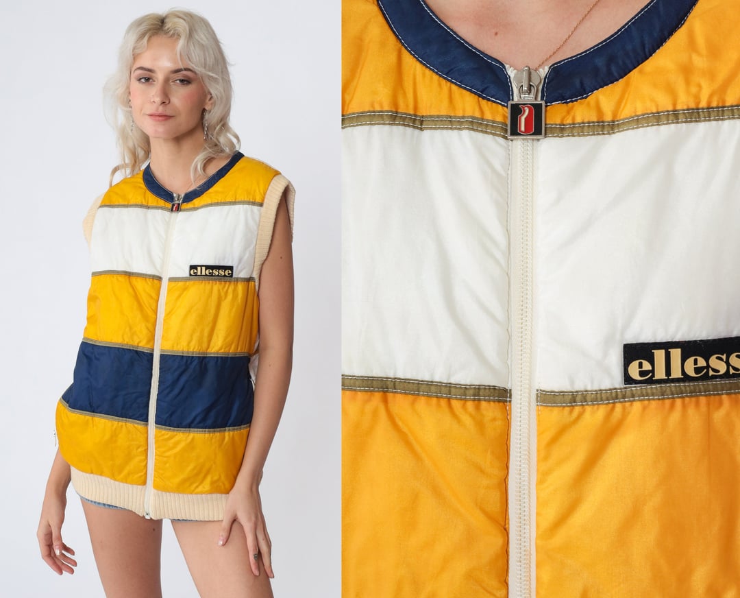 Ellesse Puffer Vest 70s Striped Ski Vest White Yellow Blue Shop Exile Tucson AZ
