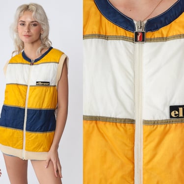 Ellesse Puffer Vest 70s Striped Ski Vest White Yellow Blue Sleeveless Jacket Zip Up Puffy Skiwear Warm Retro Winter Puff Vintage 1970s Small 