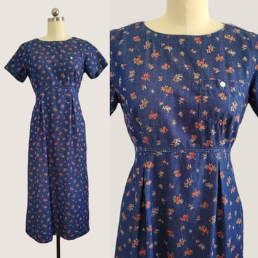 1990's Liz Claiborne Lizwear Floral Cotton Denim Dress - 90's Dress - 90s Women's Vintage Size Medium 