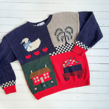 cute cottagecore sweater | 80s 90s vintage Deans of Scotland red blue duck bird house farm animal country cotton sweater 