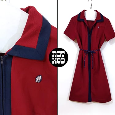 Retro Vintage 60s 70s Maroon & Navy Blue Collared Mod Shift Dress 