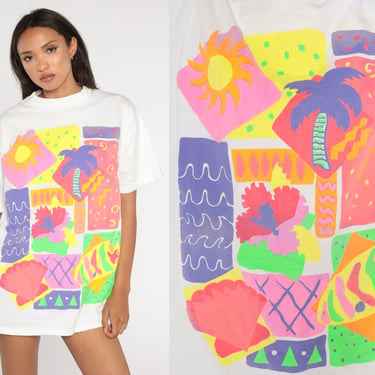 Neon Tropical T Shirt 90s Palm Tree Tee Tropical Fish Seashell T Shirt Short Sleeve Flower Sun Print Shirt 1990s Vintage White Large xl l 