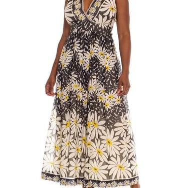 1970S Black, White   Yellow Cotton Sleeveless Plunging V-Neck Daisy Floral Dress 