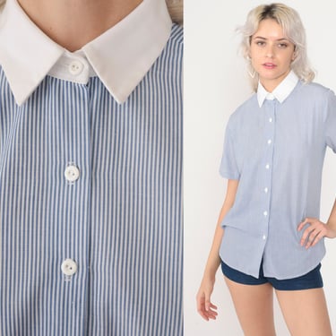 80s Pinstripe Blouse Blue Striped Button Up Shirt White Collared Blouse Short Sleeve Pinstriped Top Collar Preppy Vintage 1980s Medium 