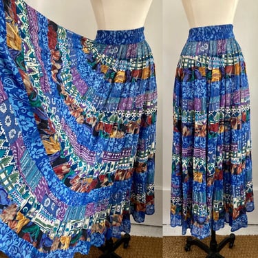 Vintage 90s Boho SHEER PATCHWORK Full Circle Peasant Skirt / Colorful Rayon + Cotton Blend / Made in India / PHOOL 