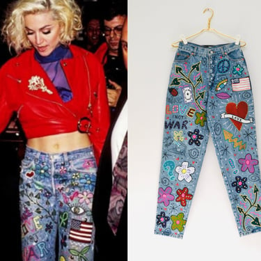 80s Vintage Madonna Jeans by Leslie Hamel Pants Levis Hand painted Love Peace 80s Madonna Vintage Pants Vintage Levis Jeans Small Medium 