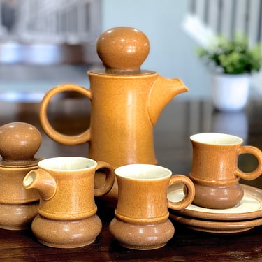 VINTAGE: 1970s Rare W. German GERZ Stoneware Teapot Set - Teapot, Creamer, Sugar Holder, Cups, Saucers - Midcentury Modern - SKU 