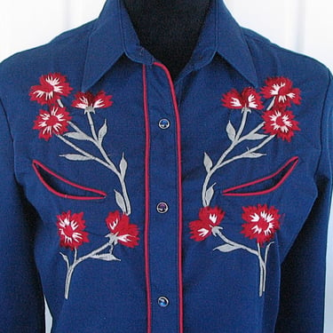 The Hustler Vintage Retro Women's Cowgirl Western Shirt, Navy Blue, Red Floral Embroidery, Tag Size 14/36, approx. Medium (see meas. photo) 