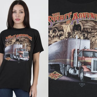 1988 Truckers Only T Shirt / The Spirit of Adventure 3d Emblem Tee / Paper Thin Black 50 50 Material / 2 Sided North Carolina Dealer L 