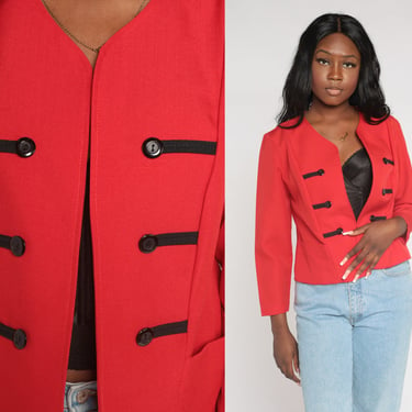 Red Blazer Jacket 80s Cropped Jacket Open Front Retro Boho Preppy Decorative Button Formal Marching Band Cocktail Vintage 1980s Small S 