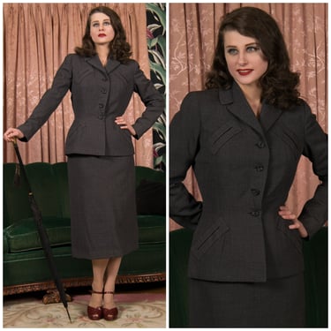 1950s Suit - Exquisite Tailored New Look 50s Suit in Ribbed Wool with Nipped Waist and Diagonal Pocket Details 