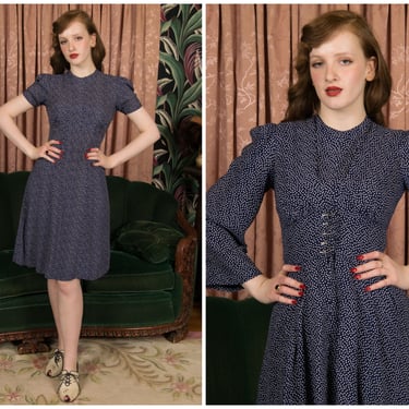 Vintage 1930s Dress Set - Darling Navy Blue and White Polka Dot 30s Day Dress with Matching Over Dress Jacket 