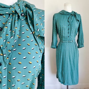 Vintage 1940s Green Diamond Dress / M 