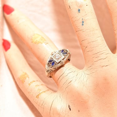 Art Deco Diamond Sapphire Filigree Engagement Ring In 18K White Gold, Estate Jewelry, Size 6 US 