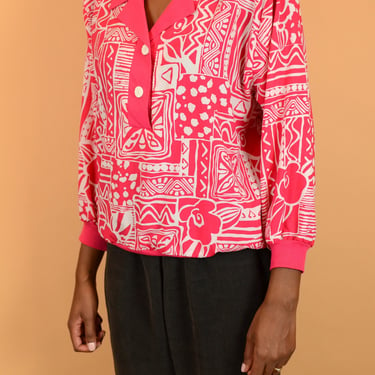 Vintage Hot Pink & White Abstract Print Long Sleeve Collared Waist Band Shirt Blouse / XL Oversize 