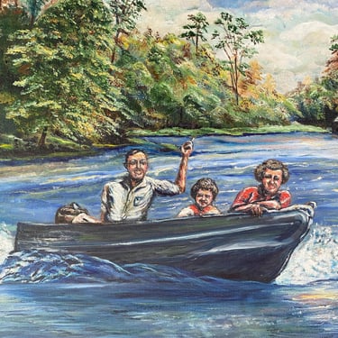 Mid Century Riding In Motor Boat Oil Painting By Juanita Keith, 1978 Original Art, Lake House Artwork, Folk Art Boating Art, 25