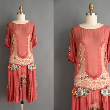 vintage 1920s dress | Antique Rose Pink Silk Floral Appliqué Lace Dress | Small 