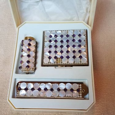 Makeup case compact set with pearl compact, lipstick and comb by WIESNER, 1950's 