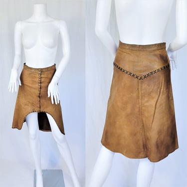 1970's Rough Hewn Tan Deer Skin Leather Skirt I Sz Sm I Whip Stitch I Hippie I Biker Babe 