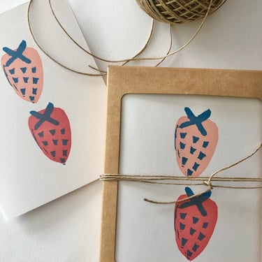 Strawberry Greeting Card Set, Handprinted Cards 