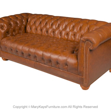 Vintage Chesterfield Style Brown Leather Button Tufted Sofa 