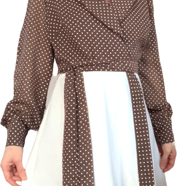 70s Brown White Mod Polka Dot Casual Dress Long Sleeve