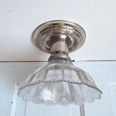 Herringbone Pattern Holophane Ceiling Light, Vintage Light Holophane Shade, Kitchen Pendant Ribbed Shade Light, Architecture Salvage 062802 