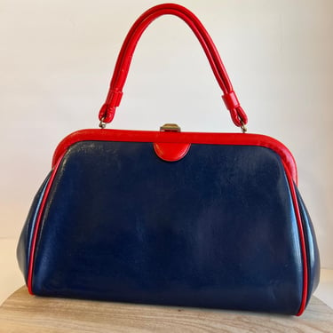 Vintage 1960s Vinyl Blue & Red Medium Mod Top Handle Snap Lock Handbag 