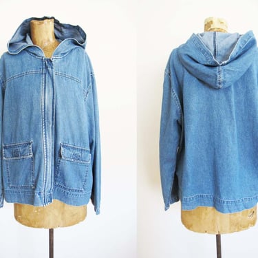 Vintage 90s Hooded Denim Jacket M - 1990s Blue Jean Zip Up Jacket - Denim Hoodie Jacket - Boxy Denim Chore Coat Jacket 