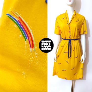 Fab Vintage 70s 80s Bright Yellow Elastic Waist Dress with Rainbow Shooting Star Print 